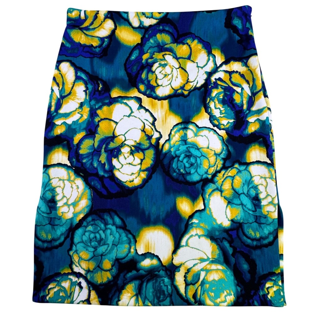 Worthington Skirt Women's Size 12 Floral Pencil Blue Yellow Knee Length‎ Stretch
